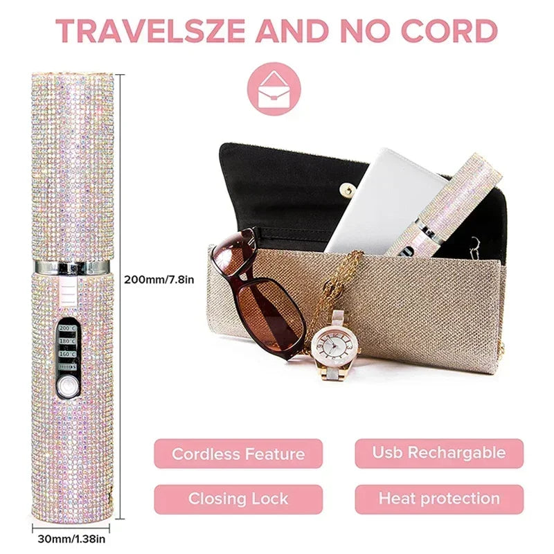 2-IN-1 Electric USB Hair Straightener Curler Fashion Colored Diamond  Design Wireless Travel Hair Straightening Styler Brush